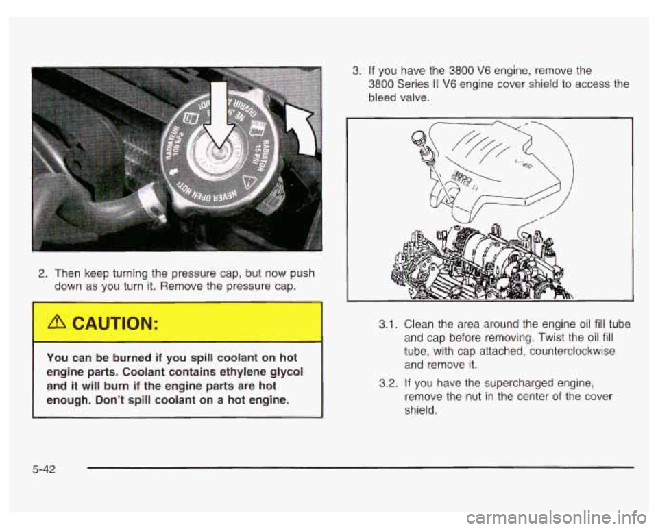 PONTIAC GRAND PRIX 2003  Owners Manual 2. Then  keep  turning the  pressure cap, but  now  push 
down  as you  turn  it.  Remove  the pressure  cap. 
You  can be burned  if you  spill  coolant  on hot 
engine  parts. Coolant  contains  eth