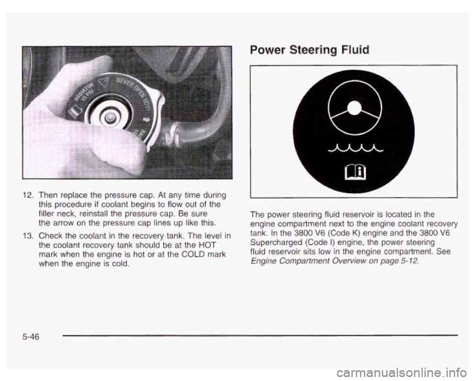 PONTIAC GRAND PRIX 2003  Owners Manual Power  Steering  Fluid 
12. Then  replace the  pressure  cap.  At  any time  during 
this  procedure 
if coolant begins  to flow out  of the 
filler  neck, reinstall the  pressure cap.  Be sure 
the  