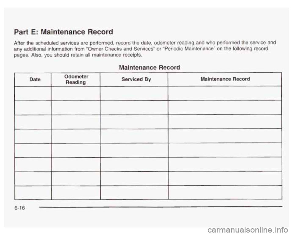 PONTIAC GRAND PRIX 2003  Owners Manual Part E: Maintenance Record 
After the scheduled services are  performed, record the date,  odometer reading and who performed  the  service  and 
any additional information  from  “Owner Checks and 
