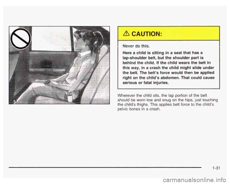 PONTIAC GRAND PRIX 2003  Owners Manual Never do this. 
Here  a  child 
is sitting in a  seat  that  has  a 
lap-shoulder  belt, 
but the  shoulder  part is 
behind  the  child. If the  child  wears  the  belt in 
this way, in a  crash  the