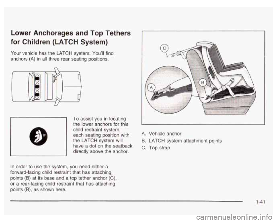 PONTIAC GRAND PRIX 2003  Owners Manual Lower  Anchorages and Top Tethers 
for  Children  (LATCH  System) 
Your  vehicle  has  the  LATCH  system. You’ll find 
anchors  (A)  in all  three rear seating positions. 
I 
To assist  you in loca