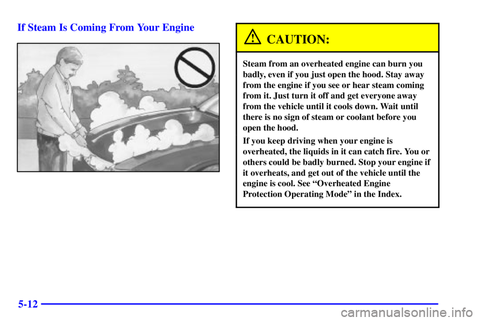 PONTIAC GRAND PRIX 2002  Owners Manual 5-12 If Steam Is Coming From Your Engine
CAUTION:
Steam from an overheated engine can burn you
badly, even if you just open the hood. Stay away
from the engine if you see or hear steam coming
from it.