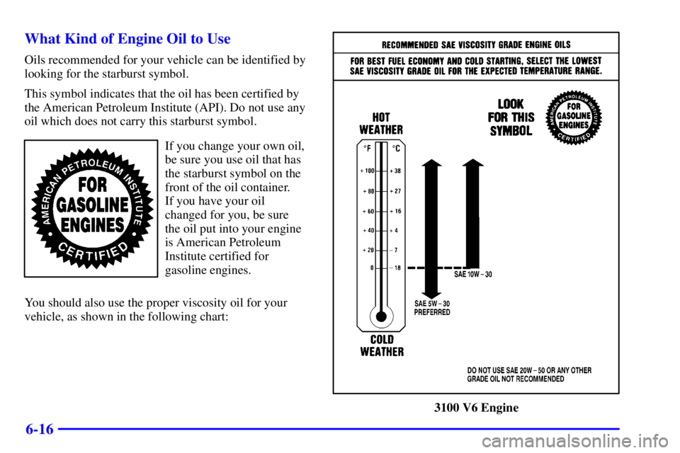 PONTIAC GRAND PRIX 2001  Owners Manual 6-16 What Kind of Engine Oil to Use
Oils recommended for your vehicle can be identified by
looking for the starburst symbol.
This symbol indicates that the oil has been certified by
the American Petro