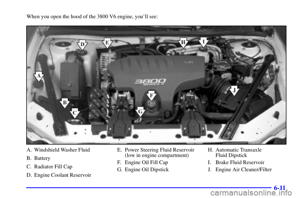PONTIAC GRAND PRIX 2000  Owners Manual 6-11
When you open the hood of the 3800 V6 engine, youll see:
A. Windshield Washer Fluid
B. Battery
C. Radiator Fill Cap
D. Engine Coolant ReservoirE. Power Steering Fluid Reservoir
(low in engine co