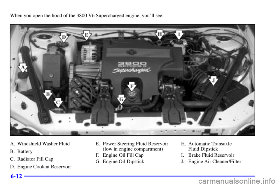 PONTIAC GRAND PRIX 2000  Owners Manual 6-12
When you open the hood of the 3800 V6 Supercharged engine, youll see:
A. Windshield Washer Fluid
B. Battery
C. Radiator Fill Cap
D. Engine Coolant ReservoirE. Power Steering Fluid Reservoir
(low