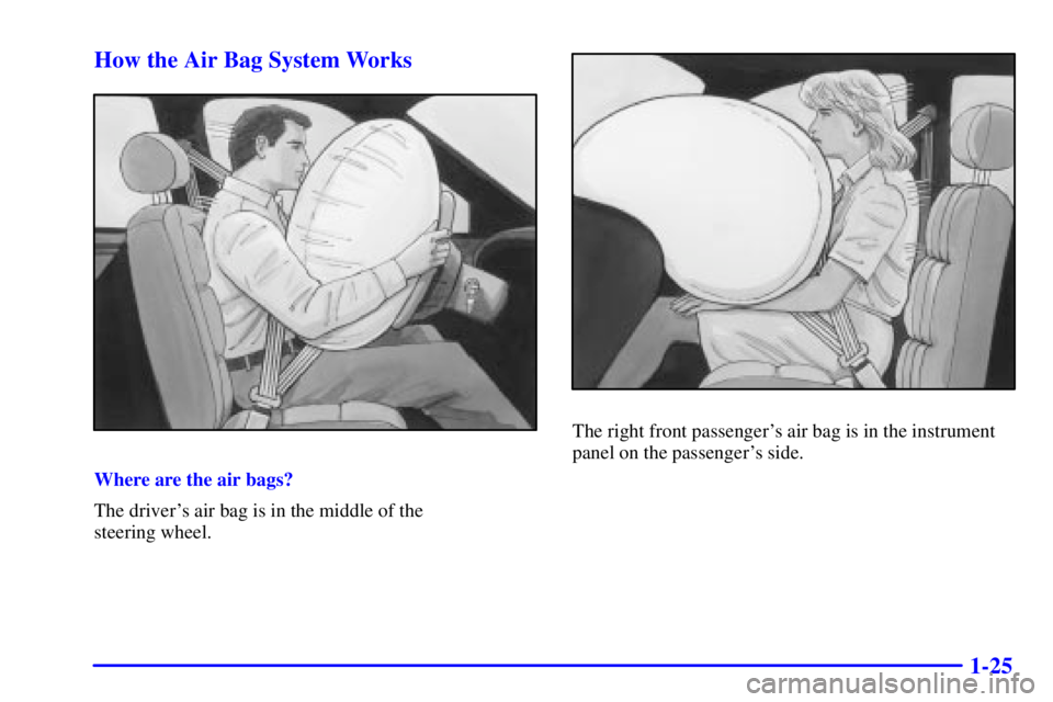 PONTIAC GRAND PRIX 2000  Owners Manual 1-25 How the Air Bag System Works
Where are the air bags?
The drivers air bag is in the middle of the 
steering wheel.
The right front passengers air bag is in the instrument
panel on the passenger
