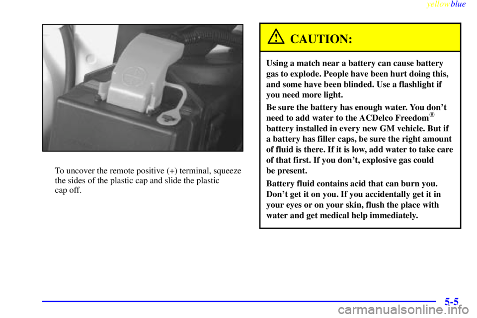 PONTIAC GRAND PRIX 1999  Owners Manual yellowblue     
5-5
To uncover the remote positive (+) terminal, squeeze
the sides of the plastic cap and slide the plastic 
cap off.
CAUTION:
Using a match near a battery can cause battery
gas to exp