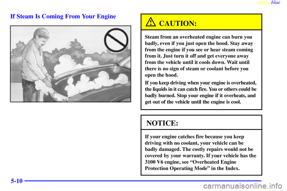 PONTIAC GRAND PRIX 1999  Owners Manual yellowblue     
5-10 If Steam Is Coming From Your Engine
CAUTION:
Steam from an overheated engine can burn you
badly, even if you just open the hood. Stay away
from the engine if you see or hear steam