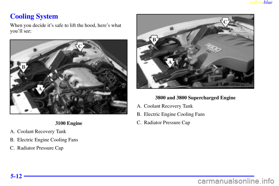 PONTIAC GRAND PRIX 1999  Owners Manual yellowblue     
5-12
Cooling System
When you decide its safe to lift the hood, heres what
youll see:
3100 Engine
A. Coolant Recovery Tank
B. Electric Engine Cooling Fans
C. Radiator Pressure Cap
38