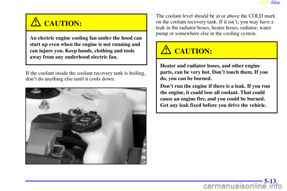 PONTIAC GRAND PRIX 1999  Owners Manual yellowblue     
5-13
CAUTION:
An electric engine cooling fan under the hood can
start up even when the engine is not running and
can injure you. Keep hands, clothing and tools
away from any underhood 