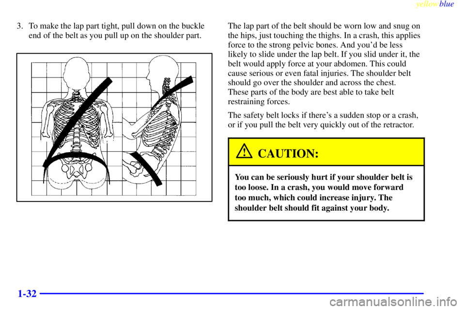 PONTIAC GRAND PRIX 1999  Owners Manual yellowblue     
1-32
3. To make the lap part tight, pull down on the buckle
end of the belt as you pull up on the shoulder part.The lap part of the belt should be worn low and snug on
the hips, just t