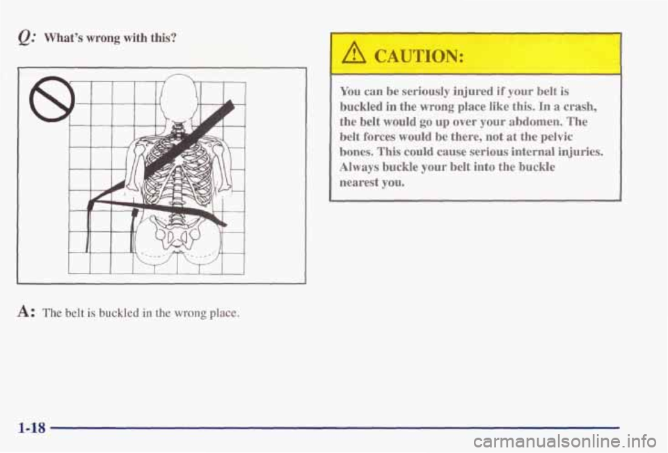 PONTIAC GRAND PRIX 1998  Owners Manual @ What’s  wrong  with  this? 
A: The  belt is buckled in the wrong place. 
A CAUTION: 
- 
You  can  be seriously injured if  your  belt is 
buckled  in  the  wrong  place  like  this. In a  crash, 

