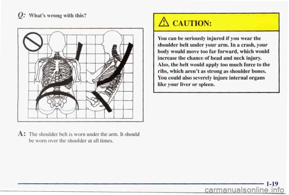 PONTIAC GRAND PRIX 1998  Owners Manual What’s  wrong  with  this? 
I 
A: The  shoulder belt is  worn under  the arm. It  should 
be 
worn over  the shoulder  at  all  times. 
A CAUTION: 
You can  be  seriously  injured if  you wear  the 