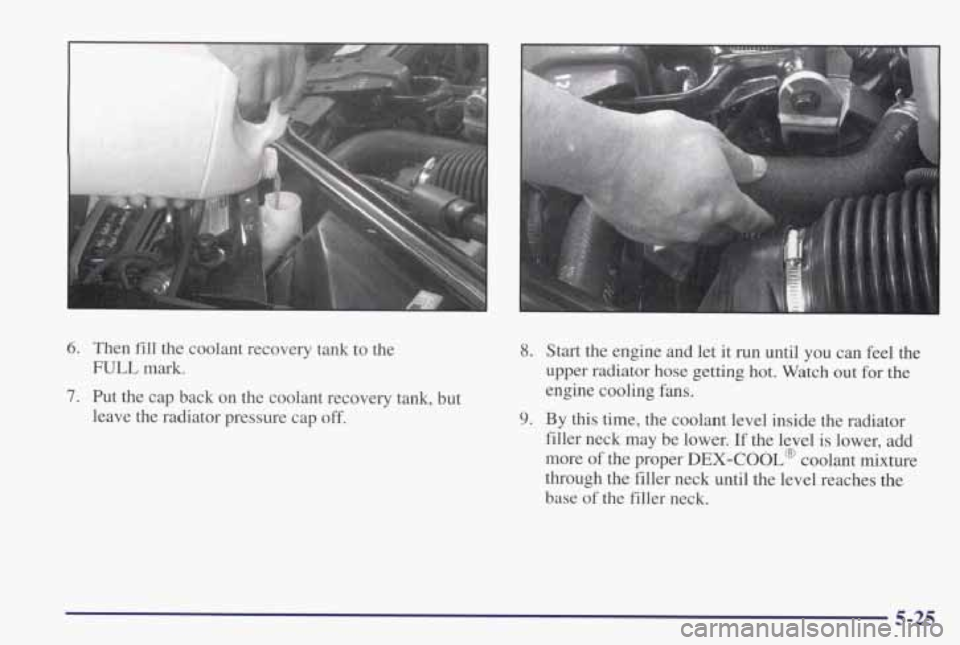 PONTIAC GRAND PRIX 1998  Owners Manual 6. Then fill the coolant  recovery  tank to the 
7. Put  the  cap  back on the  coolant  recovery  tank,  but 
FULL mark. 
leave  the  radiator  pressure  cap 
off. 
‘f 
8. 
9. 
Start  the  engine  
