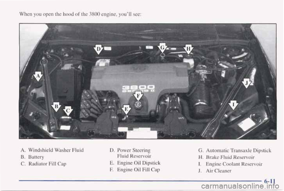 PONTIAC GRAND PRIX 1998  Owners Manual When you open  the  hood of the 3800 engine, you’ll see: 
A.  Windshield  Washer  Fluid 
D. Power  Steering G. Automatic  Transaxle  Dipstick 
B.  Battery  Fluid  Reservoir 
H. Brake Fluid Reservoir