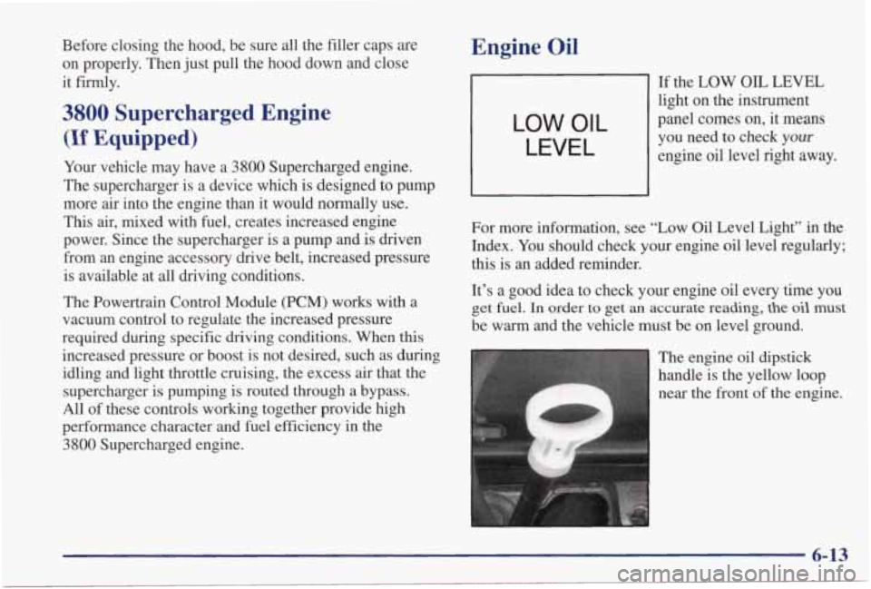 PONTIAC GRAND PRIX 1998  Owners Manual Before  closing  the  hood,  be  sure  all the filler  caps  are 
on  properly.  Then  just pull  the  hood  down  and  close 
it  fiiy. 
3800 Supercharged  Engine 
(If Equipped) 
Your vehicle  may  h