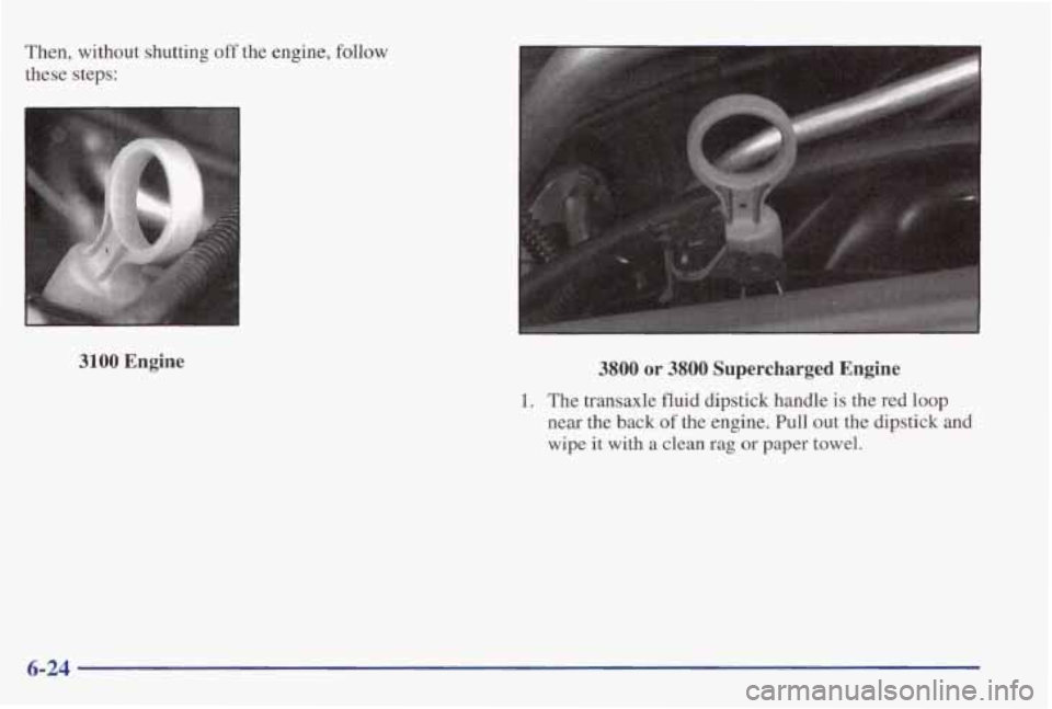 PONTIAC GRAND PRIX 1998  Owners Manual Then,  without  shutting off the  engine,  follow 
these  steps: 
3100 Engine 3800 or 3800 Supercharged  Engine 
1.  The  transaxle  fluid  dipstick  handle is the  red  loop 
near the  back of the  e