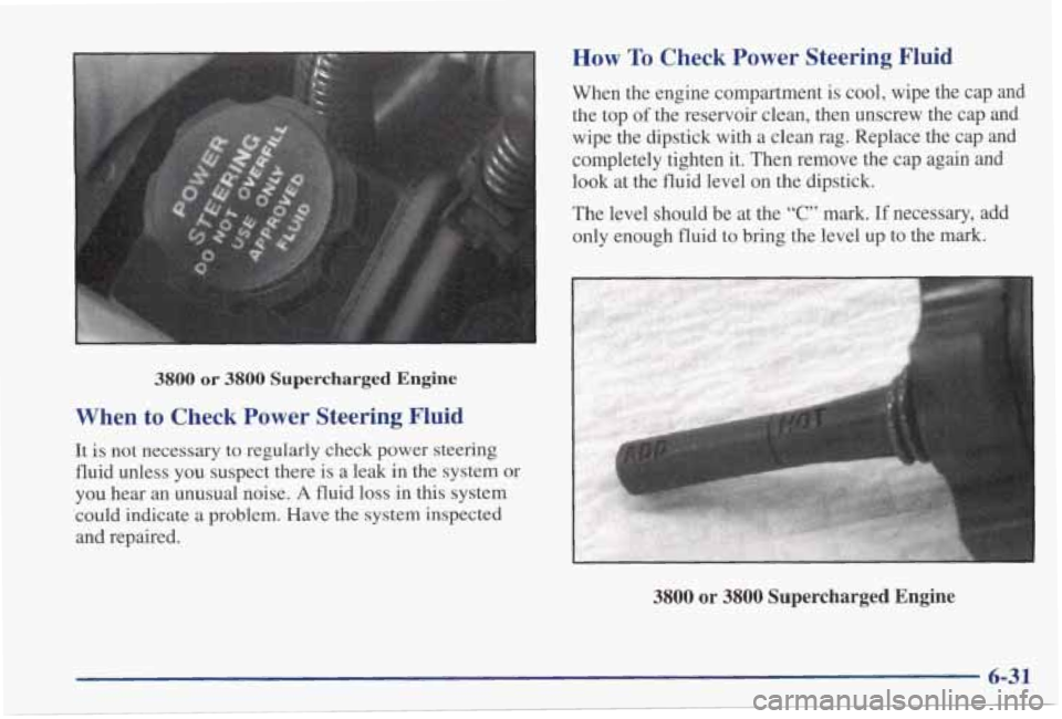 PONTIAC GRAND PRIX 1998  Owners Manual 3800 or 3800 Supercharged Engine 
When  to  Check  Power  Steering  Fluid 
It is not  necessary  to  regularly  check  power  steering 
fluid  unless  you  suspect  there  is  a  leak  in  the  system