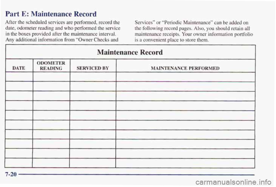 PONTIAC GRAND PRIX 1998  Owners Manual Part E: Maintenance  Record 
After the scheduled  services are performed,  record  the 
Services”  or  “Periodic  Maintenance”  can be  added  on 
date,  odometer  reading  and  who  performed  