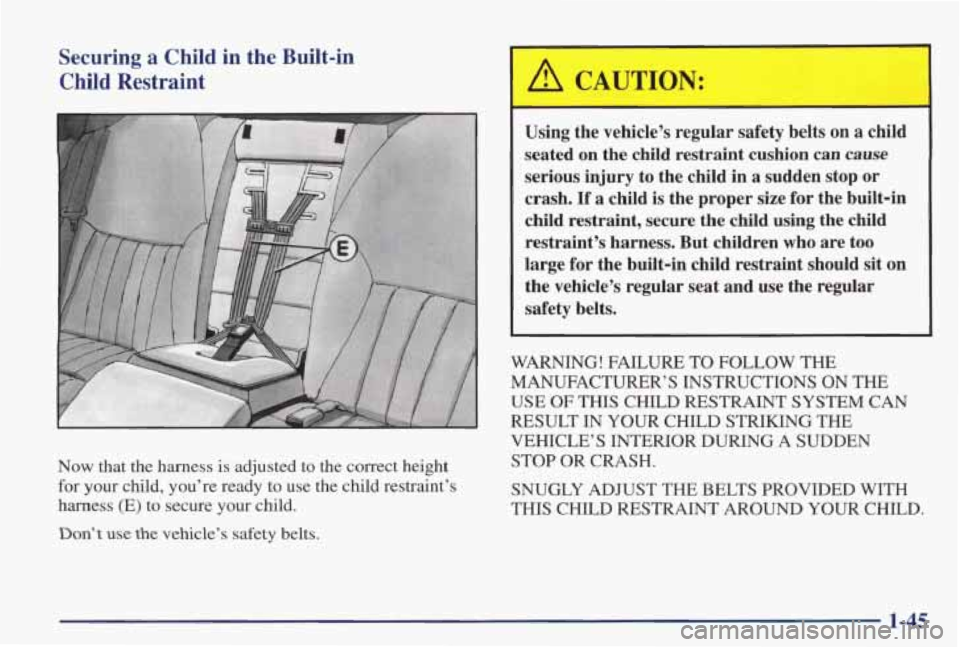 PONTIAC GRAND PRIX 1998  Owners Manual Securing a Child in  the  Built-in 
Child Restraint 
Now  that  the  harness  is adjusted  to  the  correct  height 
for  your  child,  you’re  ready  to use  the  child  restraint’s 
harness  (E)