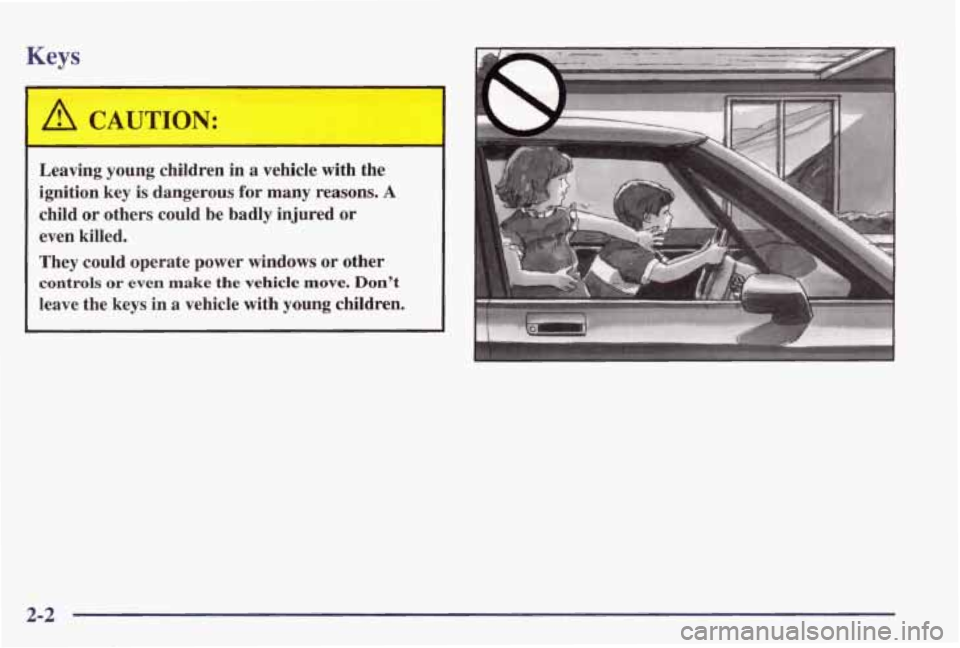 PONTIAC GRAND PRIX 1998  Owners Manual Keys 
I 
A CAUTION: 
Leaving  young  children  in  a  vehicle  with  the 
ignition  key  is  dangerous 
for many  reasons. A 
child  or  others  could  be  badly  injured  or 
even  killed. 
They  cou