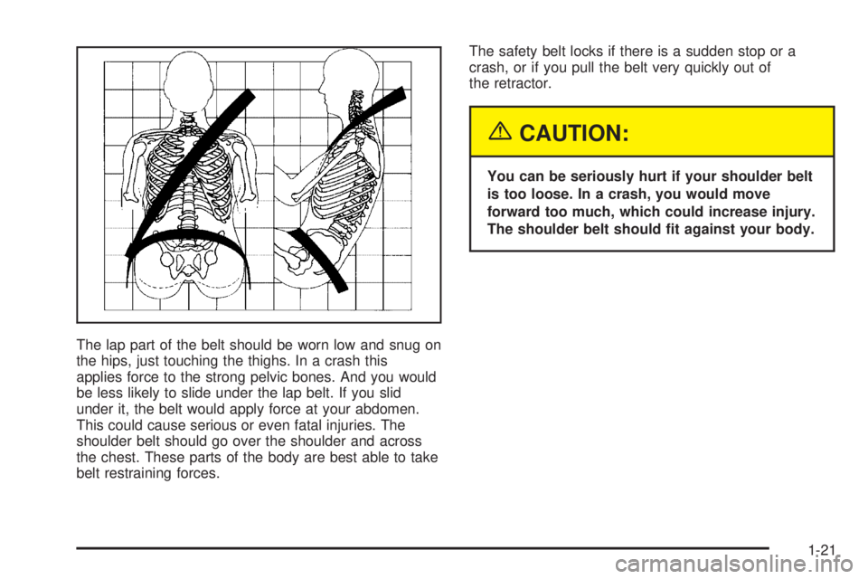 PONTIAC GTO 2005  Owners Manual The lap part of the belt should be worn low and snug on
the hips, just touching the thighs. In a crash this
applies force to the strong pelvic bones. And you would
be less likely to slide under the la