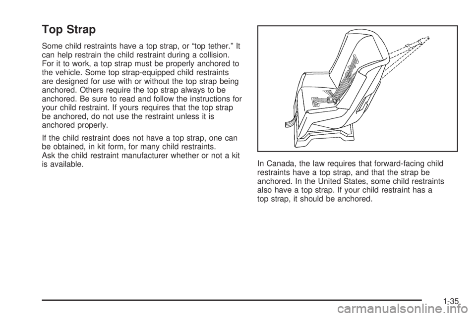 PONTIAC GTO 2005  Owners Manual Top Strap
Some child restraints have a top strap, or “top tether.” It
can help restrain the child restraint during a collision.
For it to work, a top strap must be properly anchored to
the vehicle