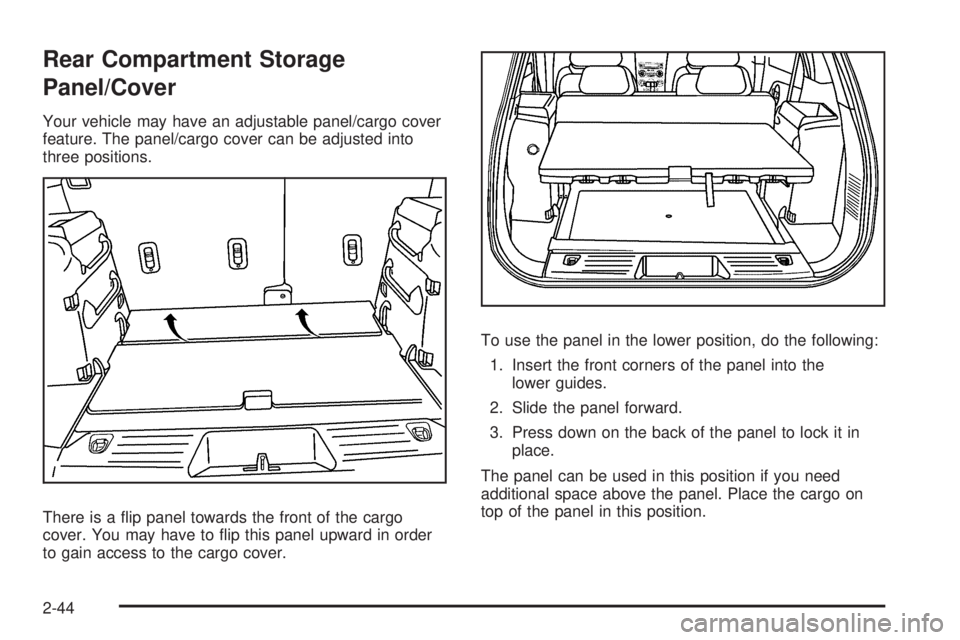 PONTIAC TORRENT 2009  Owners Manual Rear Compartment Storage
Panel/Cover
Your vehicle may have an adjustable panel/cargo cover
feature. The panel/cargo cover can be adjusted into
three positions.
There is a �ip panel towards the front o
