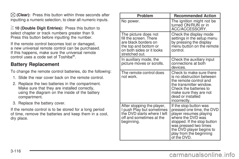 PONTIAC TORRENT 2009  Owners Manual \(Clear):Press this button within three seconds after
inputting a numeric selection, to clear all numeric inputs.
}10 (Double Digit Entries):Press this button to
select chapter or track numbers greate