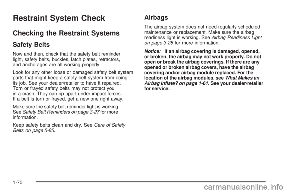 PONTIAC TORRENT 2009  Owners Manual Restraint System Check
Checking the Restraint Systems
Safety Belts
Now and then, check that the safety belt reminder
light, safety belts, buckles, latch plates, retractors,
and anchorages are all work