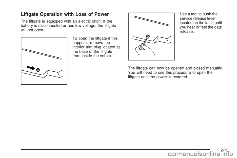 PONTIAC TORRENT 2009  Owners Manual Liftgate Operation with Loss of Power
The liftgate is equipped with an electric latch. If the
battery is disconnected or has low voltage, the liftgate
will not open.
To open the liftgate if this
happe