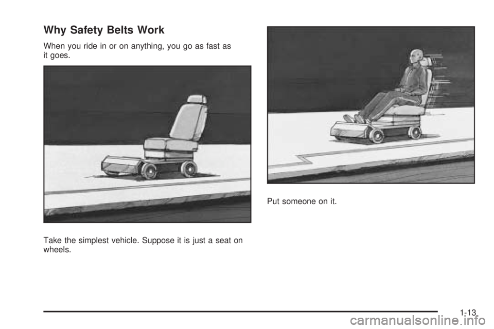 PONTIAC TORRENT 2008  Owners Manual Why Safety Belts Work
When you ride in or on anything, you go as fast as
it goes.
Take the simplest vehicle. Suppose it is just a seat on
wheels.Put someone on it.
1-13 