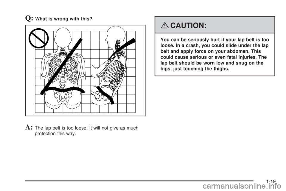 PONTIAC TORRENT 2008  Owners Manual Q:What is wrong with this?
A:The lap belt is too loose. It will not give as much
protection this way.
{CAUTION:
You can be seriously hurt if your lap belt is too
loose. In a crash, you could slide und