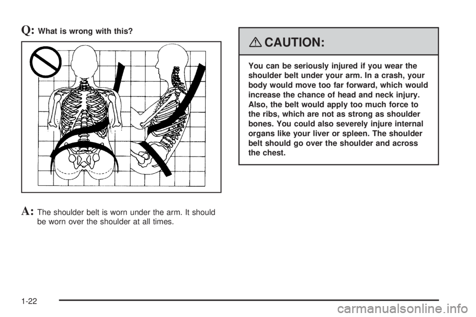 PONTIAC TORRENT 2008  Owners Manual Q:What is wrong with this?
A:The shoulder belt is worn under the arm. It should
be worn over the shoulder at all times.
{CAUTION:
You can be seriously injured if you wear the
shoulder belt under your 