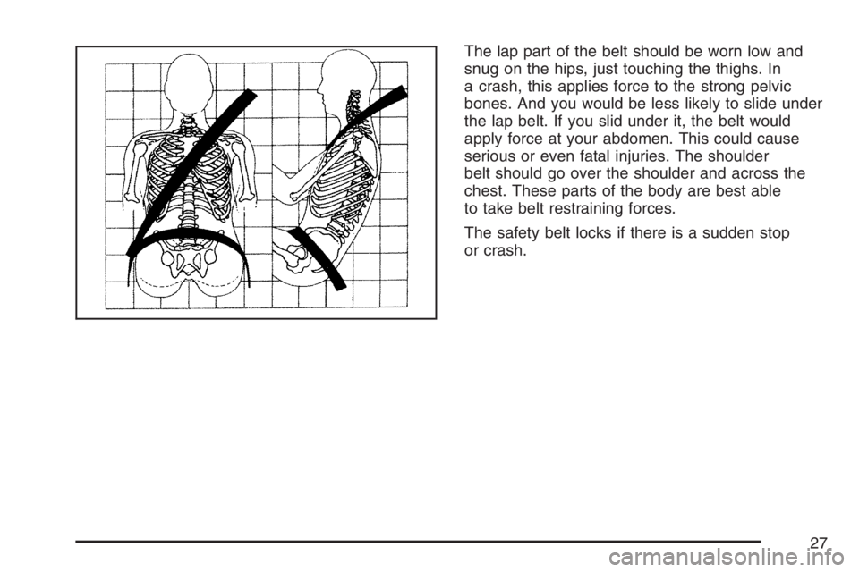 PONTIAC TORRENT 2007  Owners Manual The lap part of the belt should be worn low and
snug on the hips, just touching the thighs. In
a crash, this applies force to the strong pelvic
bones. And you would be less likely to slide under
the l