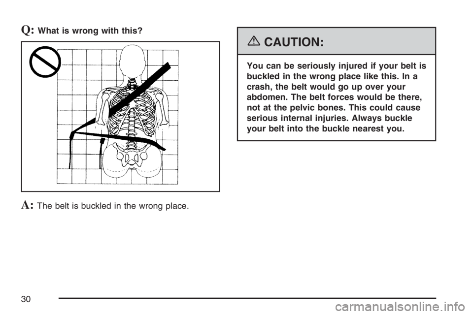PONTIAC TORRENT 2007  Owners Manual Q:What is wrong with this?
A:The belt is buckled in the wrong place.
{CAUTION:
You can be seriously injured if your belt is
buckled in the wrong place like this. In a
crash, the belt would go up over 