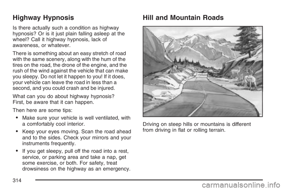 PONTIAC TORRENT 2007  Owners Manual Highway Hypnosis
Is there actually such a condition as highway
hypnosis? Or is it just plain falling asleep at the
wheel? Call it highway hypnosis, lack of
awareness, or whatever.
There is something a