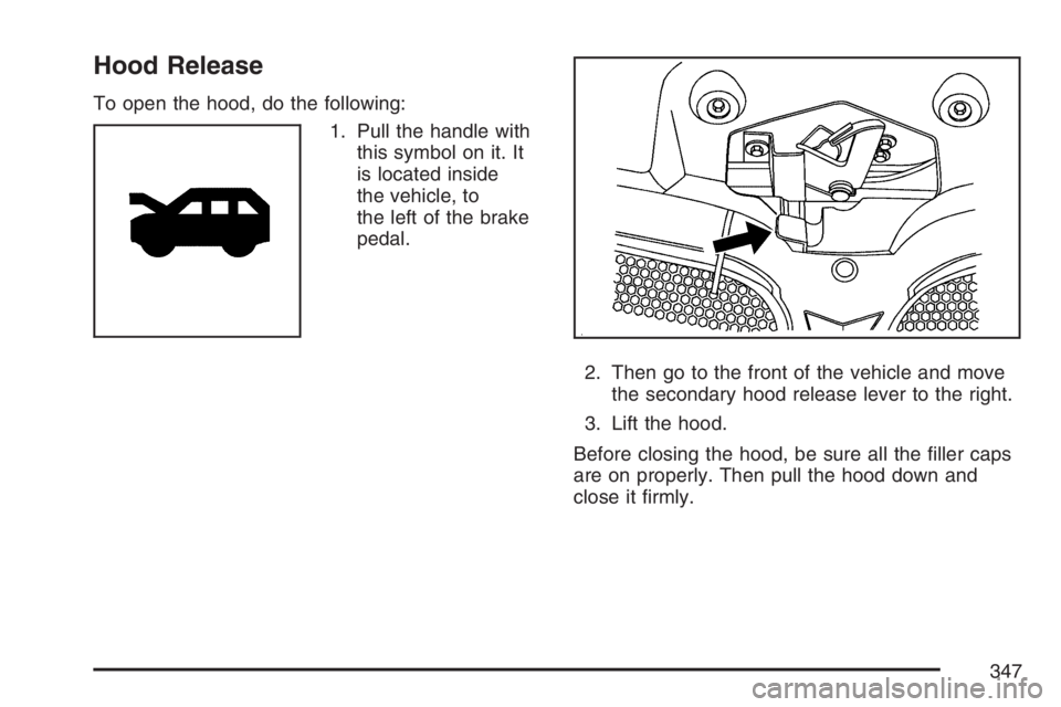 PONTIAC TORRENT 2007  Owners Manual Hood Release
To open the hood, do the following:
1. Pull the handle with
this symbol on it. It
is located inside
the vehicle, to
the left of the brake
pedal.
2. Then go to the front of the vehicle and