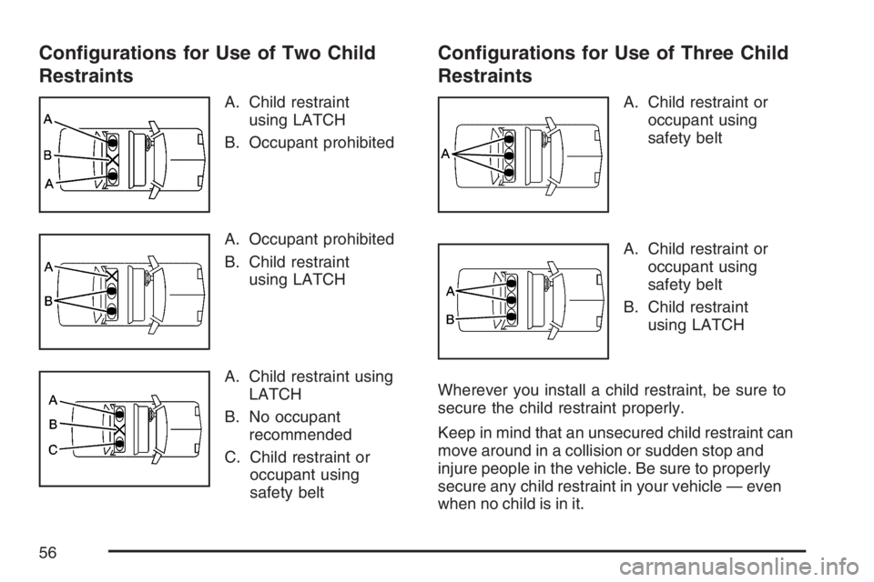 PONTIAC TORRENT 2007  Owners Manual Con�gurations for Use of Two Child
Restraints
A. Child restraint
using LATCH
B. Occupant prohibited
A. Occupant prohibited
B. Child restraint
using LATCH
A. Child restraint using
LATCH
B. No occupant
