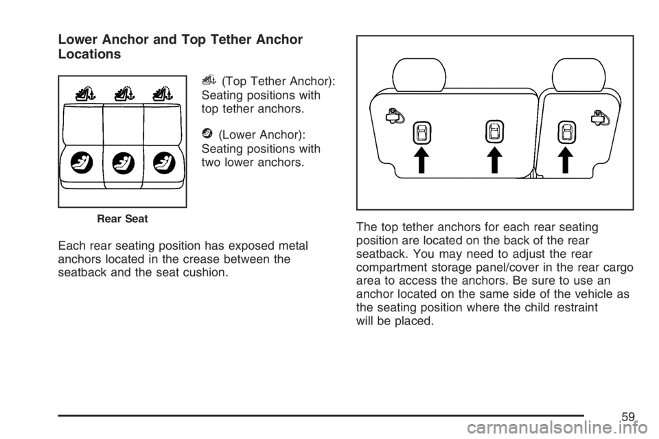 PONTIAC TORRENT 2007  Owners Manual Lower Anchor and Top Tether Anchor
Locations
i(Top Tether Anchor):
Seating positions with
top tether anchors.
j(Lower Anchor):
Seating positions with
two lower anchors.
Each rear seating position has 