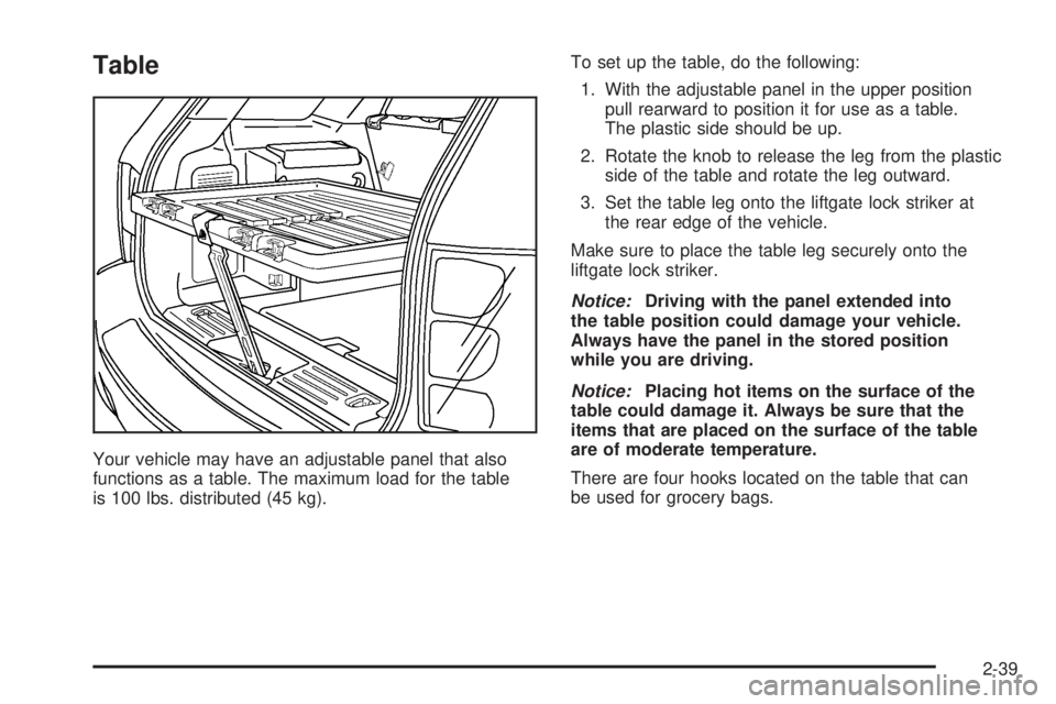 PONTIAC TORRENT 2006  Owners Manual Table
Your vehicle may have an adjustable panel that also
functions as a table. The maximum load for the table
is 100 lbs. distributed (45 kg).To set up the table, do the following:
1. With the adjust