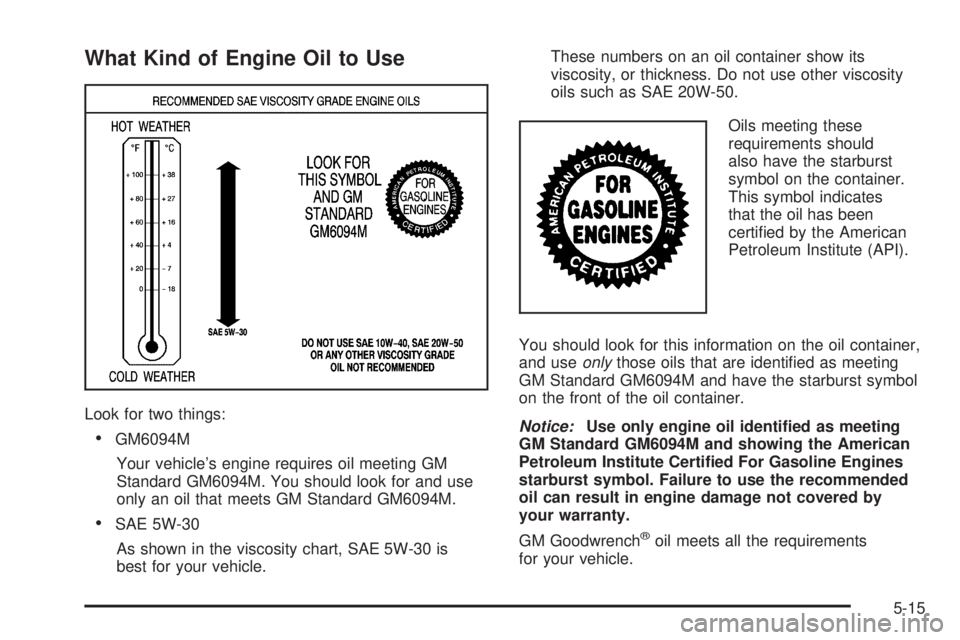 PONTIAC TORRENT 2006  Owners Manual What Kind of Engine Oil to Use
Look for two things:
GM6094M
Your vehicle’s engine requires oil meeting GM
Standard GM6094M. You should look for and use
only an oil that meets GM Standard GM6094M.
