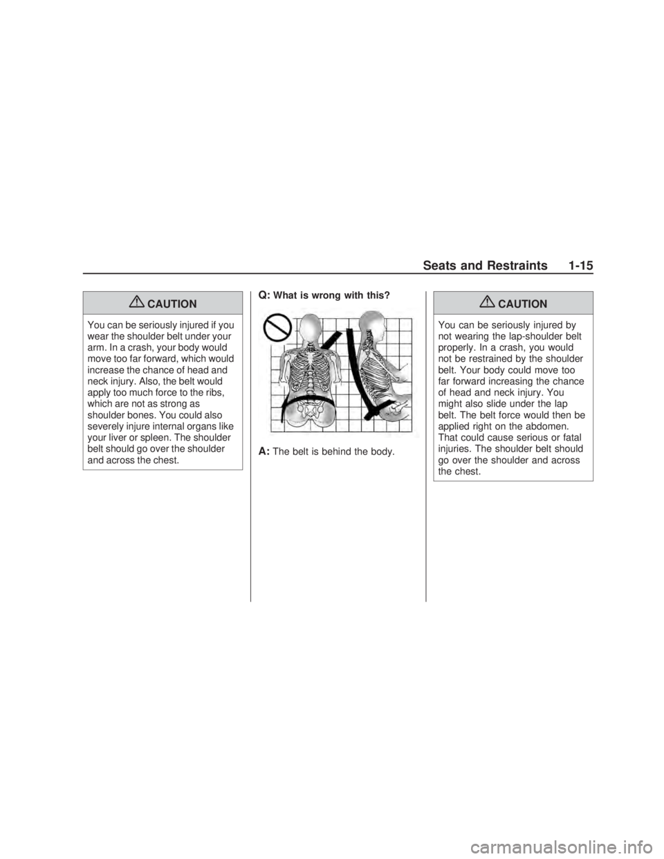 PONTIAC VIBE 2009  Owners Manual {CAUTION
You can be seriously injured if you
wear the shoulder belt under your
arm. In a crash, your body would
move too far forward, which would
increase the chance of head and
neck injury. Also, the
