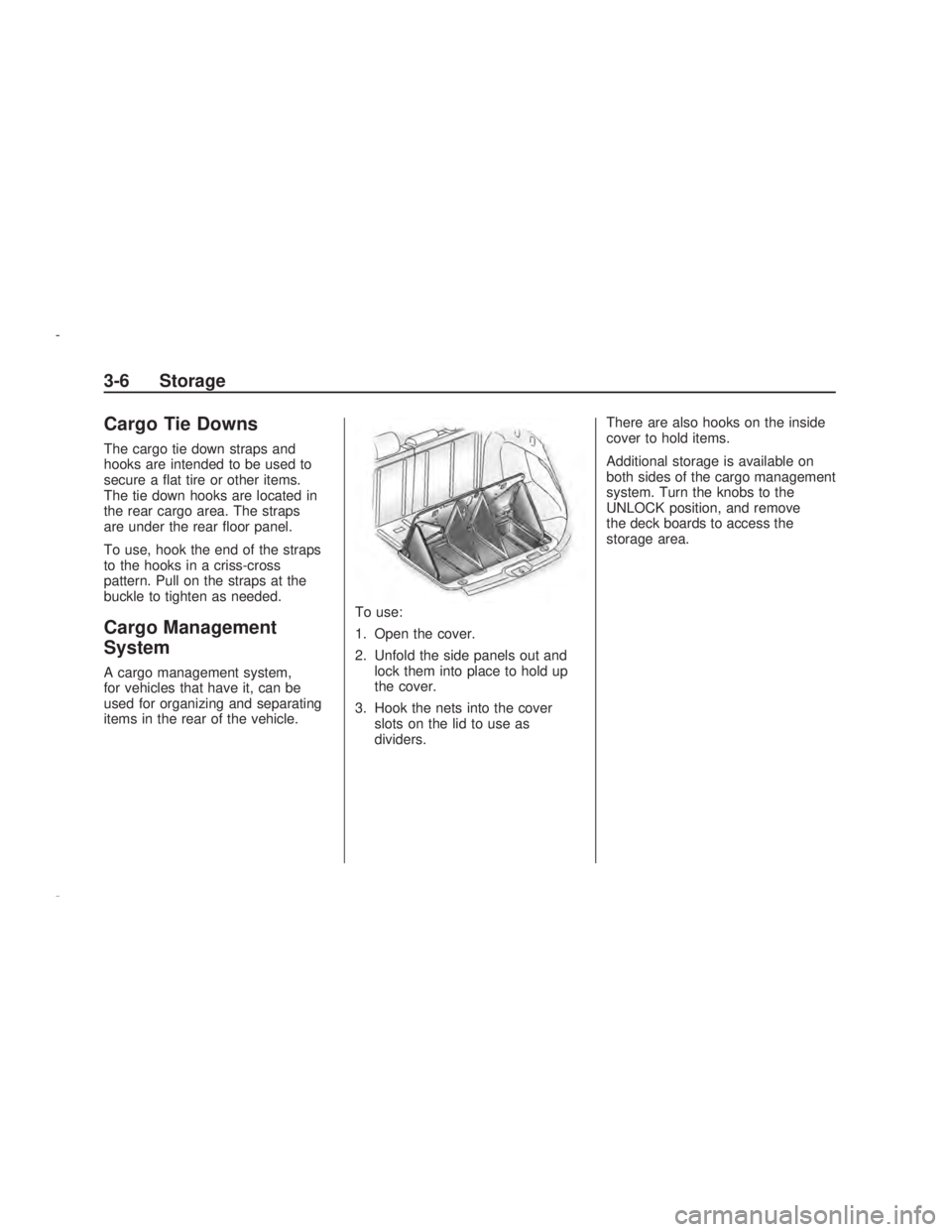 PONTIAC VIBE 2009  Owners Manual Cargo Tie Downs
The cargo tie down straps and
hooks are intended to be used to
secure a �at tire or other items.
The tie down hooks are located in
the rear cargo area. The straps
are under the rear �o