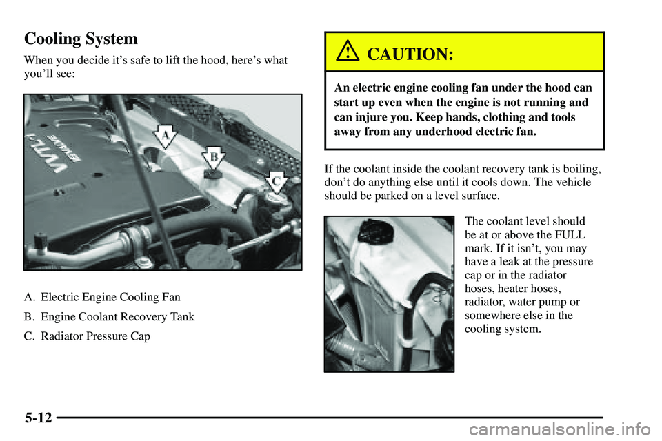 PONTIAC VIBE 2003  Owners Manual 5-12
Cooling System
When you decide its safe to lift the hood, heres what
youll see:
A. Electric Engine Cooling Fan
B. Engine Coolant Recovery Tank
C. Radiator Pressure Cap
CAUTION:
An electric eng