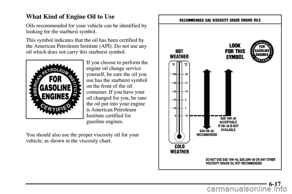 PONTIAC VIBE 2003  Owners Manual 6-17 What Kind of Engine Oil to Use
Oils recommended for your vehicle can be identified by
looking for the starburst symbol.
This symbol indicates that the oil has been certified by
the American Petro