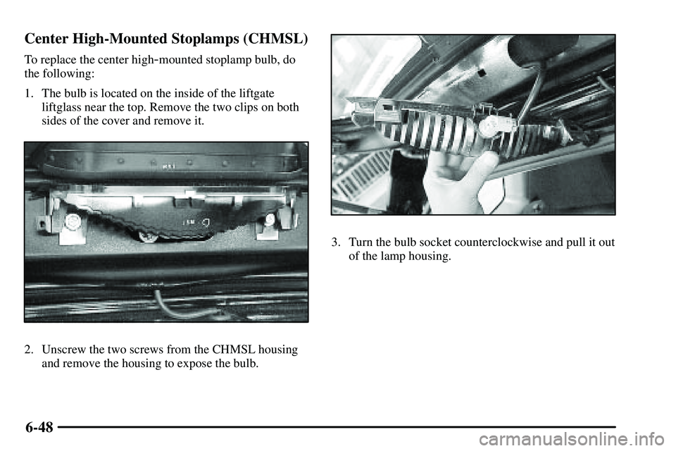 PONTIAC VIBE 2003  Owners Manual 6-48 Center High-Mounted Stoplamps (CHMSL)
To replace the center high-mounted stoplamp bulb, do
the following:
1. The bulb is located on the inside of the liftgate
liftglass near the top. Remove the t