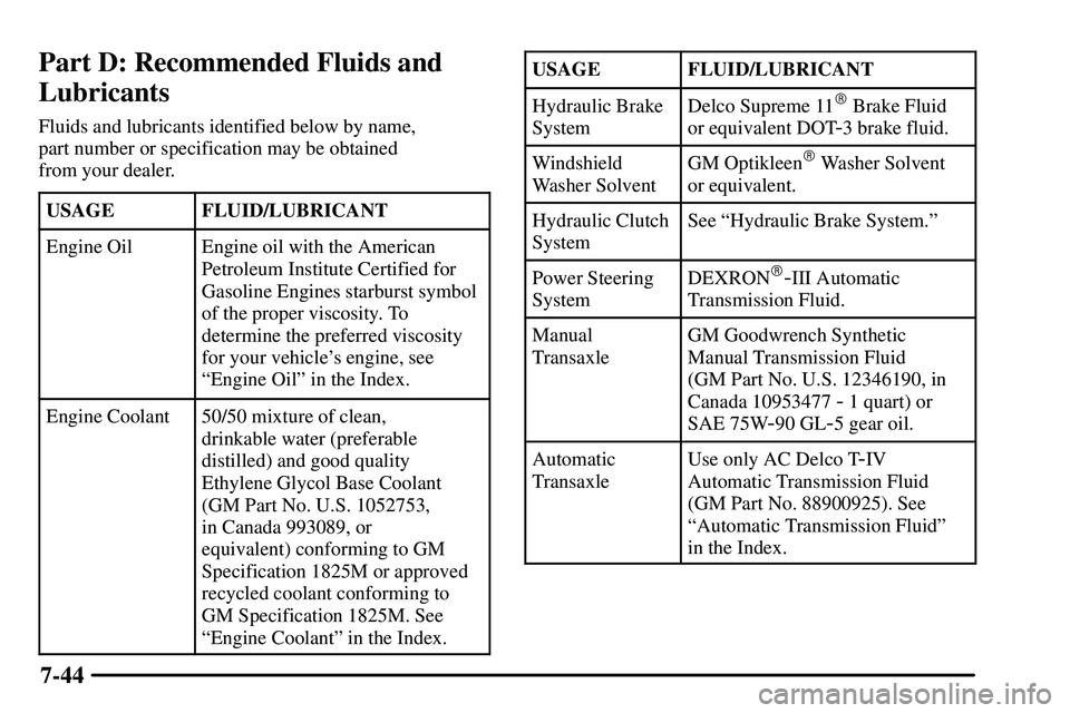 PONTIAC VIBE 2003  Owners Manual 7-44
Part D: Recommended Fluids and
Lubricants
Fluids and lubricants identified below by name, 
part number or specification may be obtained 
from your dealer.
USAGE
FLUID/LUBRICANT
Engine OilEngine o