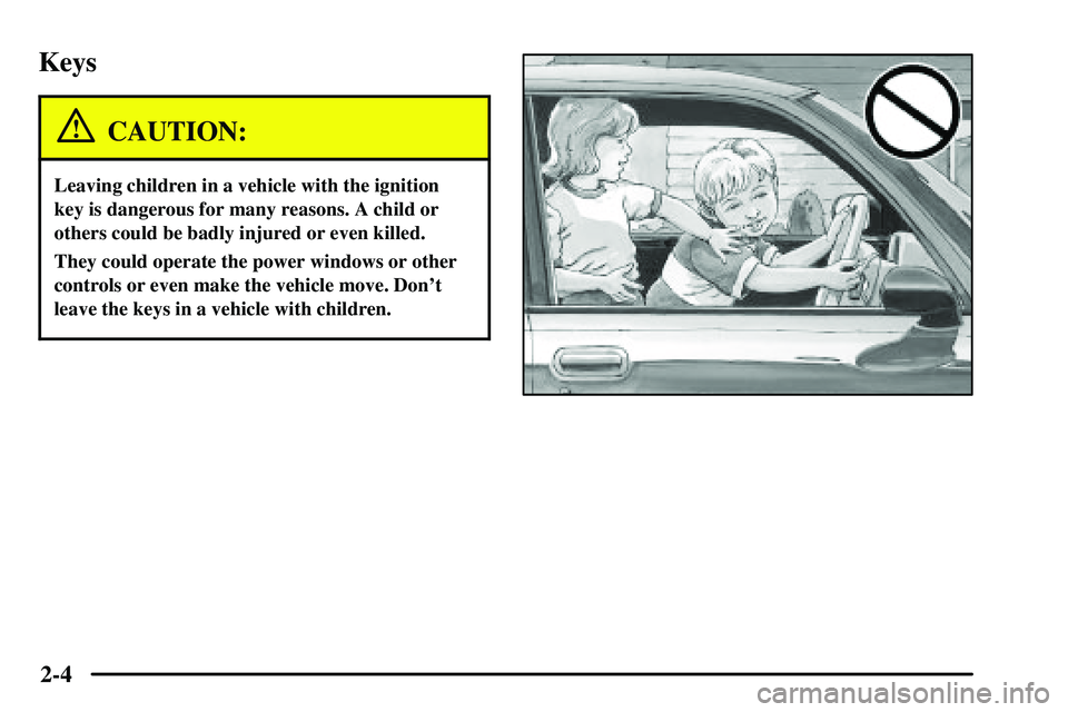 PONTIAC VIBE 2003  Owners Manual 2-4
Keys
CAUTION:
Leaving children in a vehicle with the ignition
key is dangerous for many reasons. A child or
others could be badly injured or even killed.
They could operate the power windows or ot