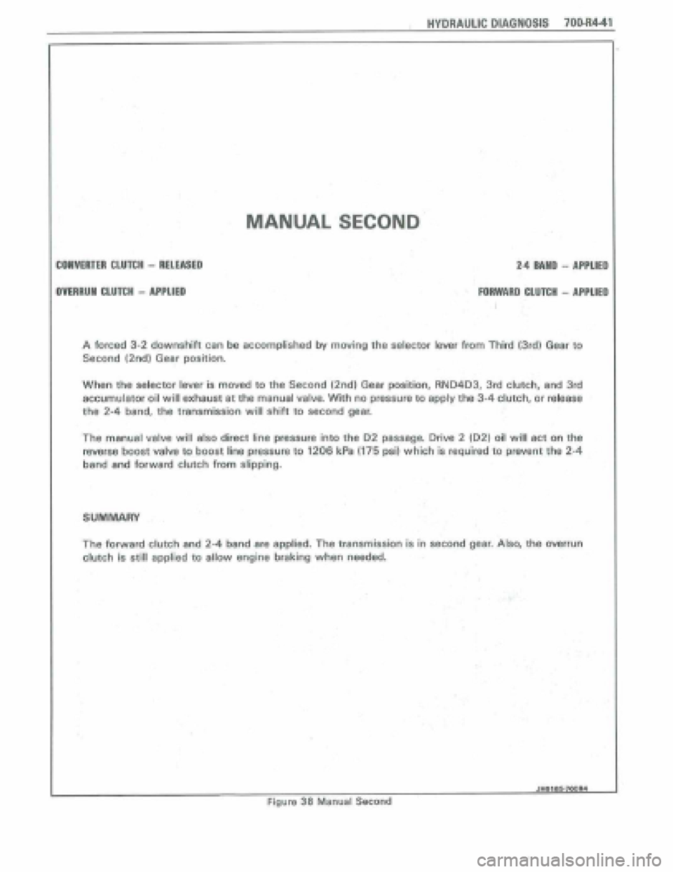 PONTIAC FIERO 1988  Service Repair Manual 
, HYDRAULIC PlAGNQSlS 7004441 
MANUAL SECOND 
COWERTER CLUTCH - RELEASED 
OVEARUN CLUTCH - APPLIED 
2.4 MUD - APPLIED 
I 
FORWARD CLUTCH - APPLIED 
I 
A forced 3-2 downshift cen be a~cornplished by m